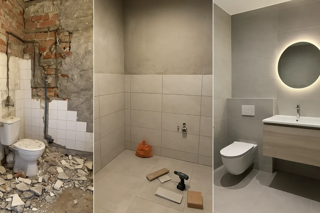 reforma baño moderno con plato de ducha y mueble de madera clara