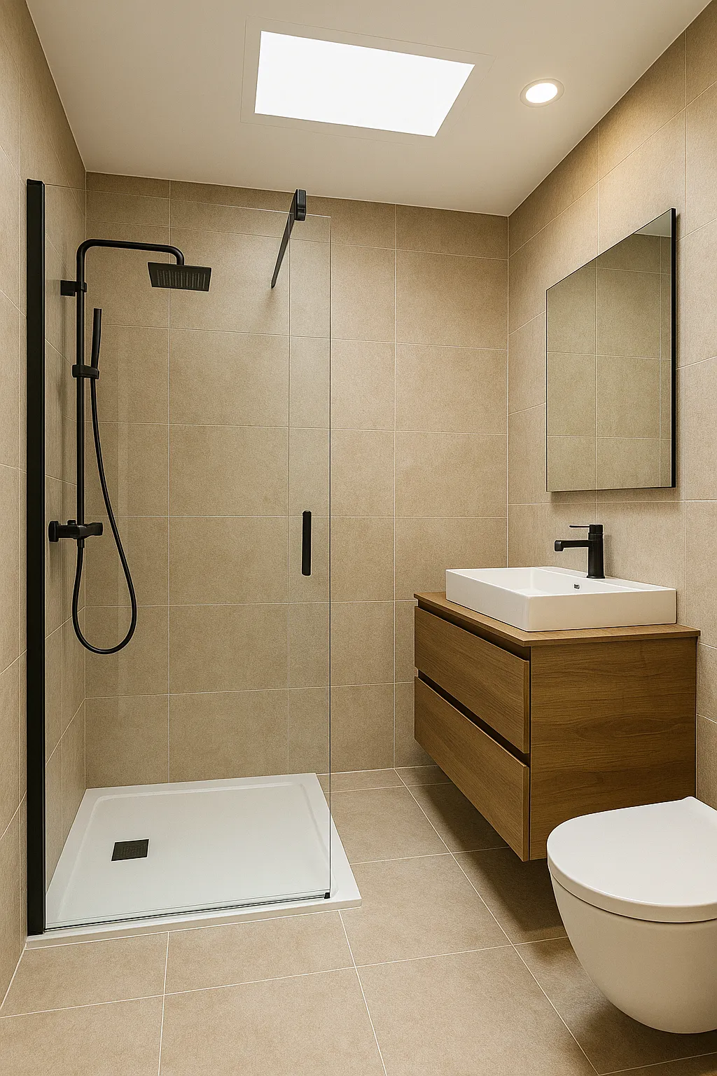 Baño reformado con plato de ducha y mampara de vidrio, reforma integral